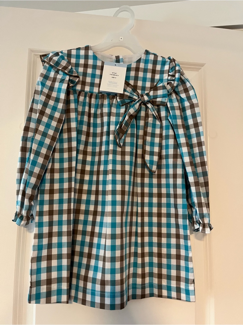 Bella bliss plaid teal brown dress bow nwt long sleeve new size 5